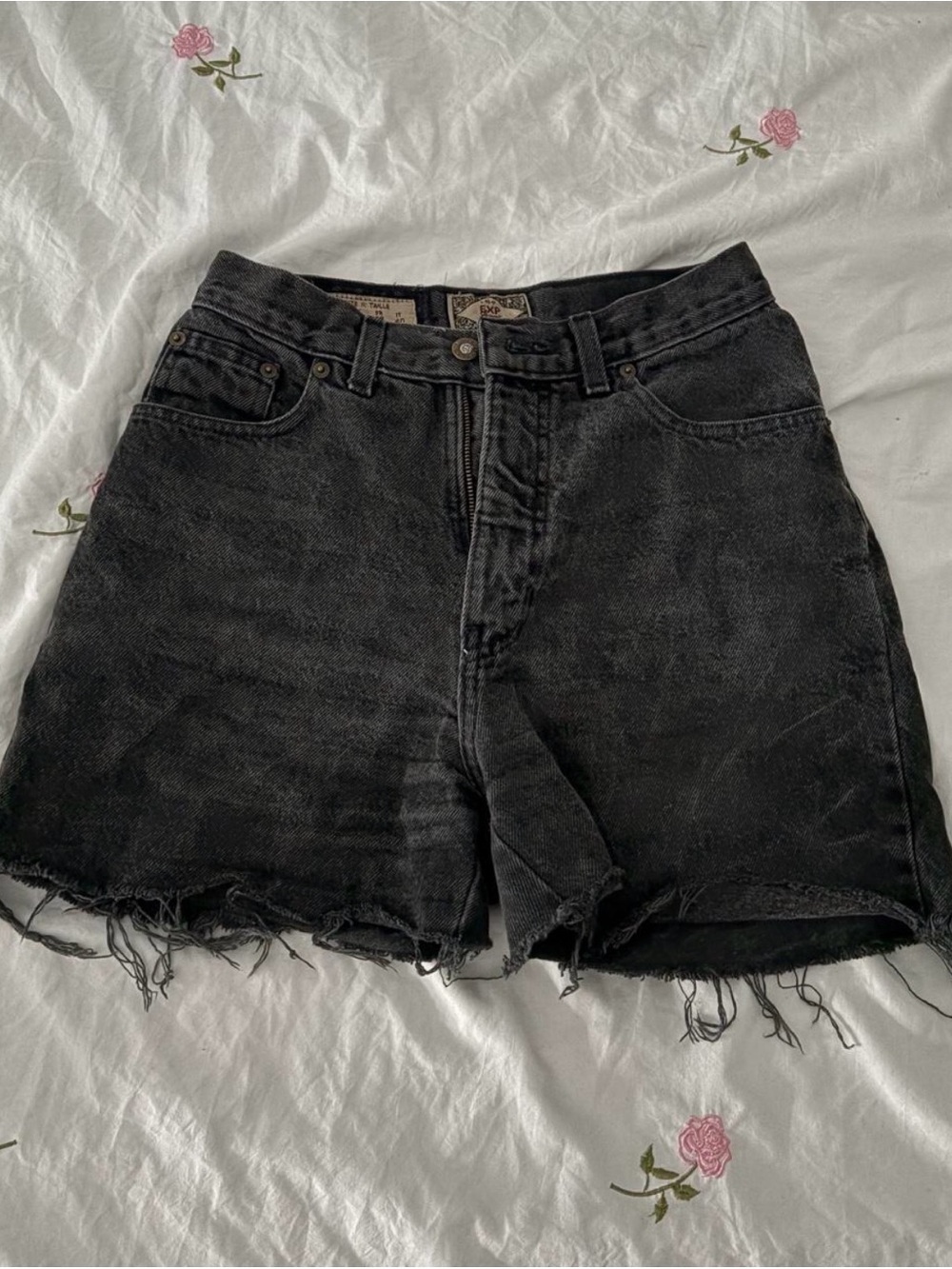 Vintage Express Black Denim Shorts with Frayed Hem
